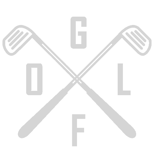 Icon in grey spells out the word golf intermixed with two golf clubs