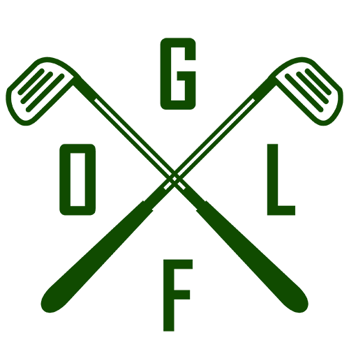 Icon in green spells out the word golf intermixed with two golf clubs